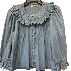 Doen Hickory Top With Scalloping Details Collar And Sleeve Sz Small Cotton